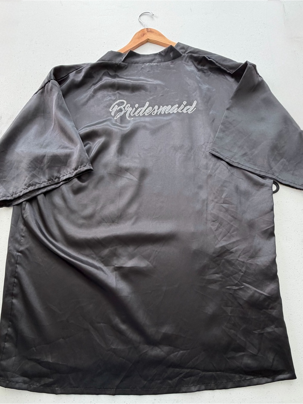 Satin Bridesmaid Robe in Black with Rhinestone Script - Picture 3 of 5